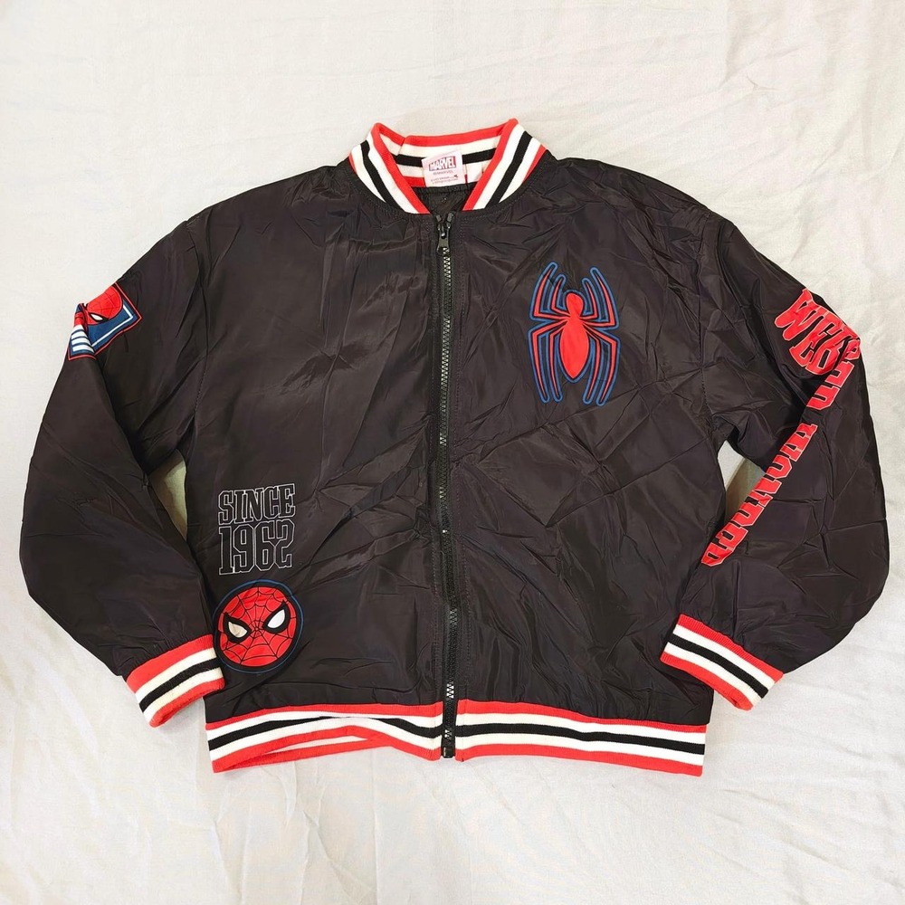 Marvel Spiderman Black Bomber Jacket Superhero Varsity Zip Up Youth Size 8